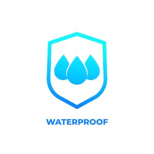 May include: A blue and white logo with a shield shape and three water drops inside. The text "WATERPROOF" is below the shield.