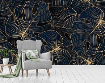 Custom Tropical Leaf Wallpaper: Luxury Gold Design - Removable Peel & Stick