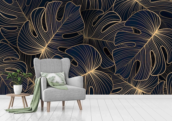 Custom Size Wallpaper-Luxury Golden Tropical Leaf Wallpaper-Peel and Stick Wall Decal-Self Adhesive or Pre-Pasted-Removable Wallpaper