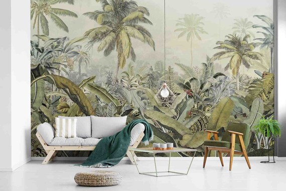 Custom Size Wallpaper - Hand Drawn Tropical Rainforest Plant Banana Leaf Wallpaper - Peel and Stick Wall Decal - Self Adhesive or Pre-Pasted