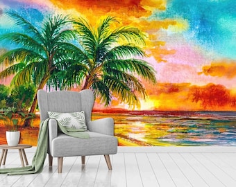 Seascape Sunset Wallpaper, Peel and Stick (Custom Size, Removable)