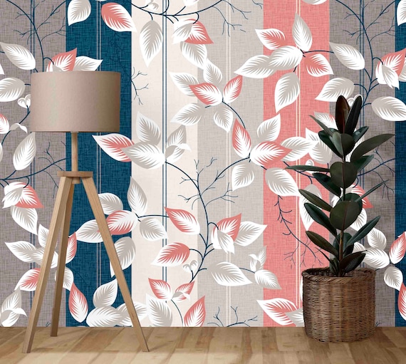 Custom Size Wallpaper - Leaves Pattern on Stripes Wallpaper - Peel and Stick Wall Decal - Self Adhesive or Pre-Pasted - Removable Wallpaper