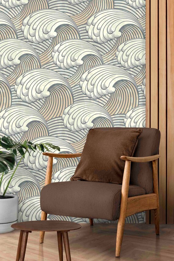 Custom Size Wallpaper - Seamless Pattern with Waves Wallpaper- Peel and Stick Wall Decal - Self Adhesive or Pre-Pasted