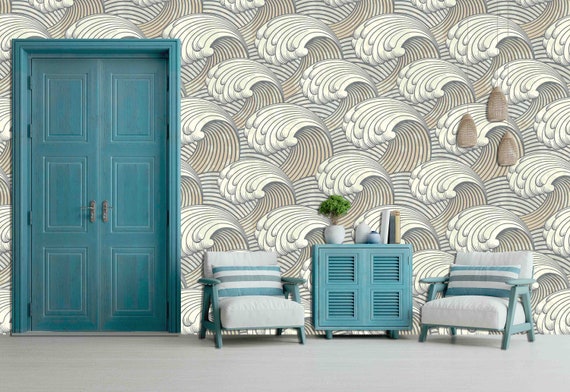 Japanese Wave Wallpaper - Peel and Stick Mural - Coastal Wall Decor - Custom Size Removable Wallpaper - Ocean Wave Pattern