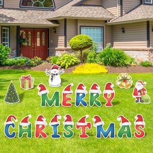 Merry Christmas Yard Signs, 18&quot; Colorful Santa Hat Lawn Decorations, Large Yard Greeting Sign Sets, Christmas Card Letters with Metal Stakes