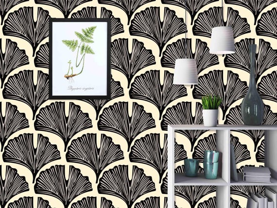 Custom Size Wallpaper-Black Leafs Vintage Art Deco Pattern Wallpaper-Peel and Stick Wall Decal-Self Adhesive or Pre-Pasted-Removable Mural