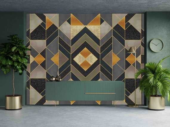 Custom Size Wallpaper - Modern Abstract Golden Lines Marble Wooden Wallpaper  - Peel and Stick Wall Decal - Self Adhesive or Pre-Pasted