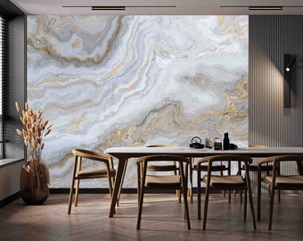 Custom Marble Wallpaper - White Grey Gold Vein Pattern, Peel & Stick