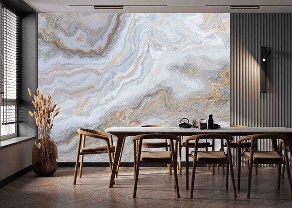 Custom Size Wallpaper - White Grey and Golden Veins Marble Pattern Wallpaper  - Peel and Stick Wall Decal - Self Adhesive or Pre-Pasted