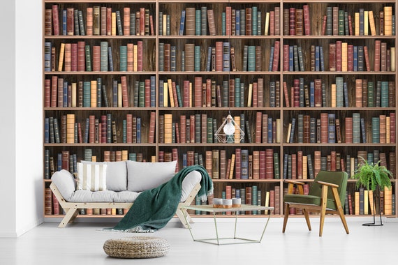 Custom Size Wallpaper - Vintage Bookshelf Wallpaper  - Peel and Stick Wall Decal - Self Adhesive or Pre-Pasted - Removable Wallpaper