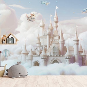 Custom Size Wallpaper - Animal Castle Magic Pink Castle in the Clouds - Peel and Stick Wall Decal - Self Adhesive or Pre-Pasted