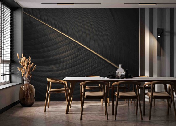 Leaf Pattern Wallpaper: Black and Gold Design (Custom Size)