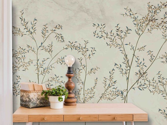 Custom Size Wallpaper - Hand Drawn Botanical Wallpaper - Peel and Stick Wall Decal - Self Adhesive or Pre-Pasted - Removable Wallpaper