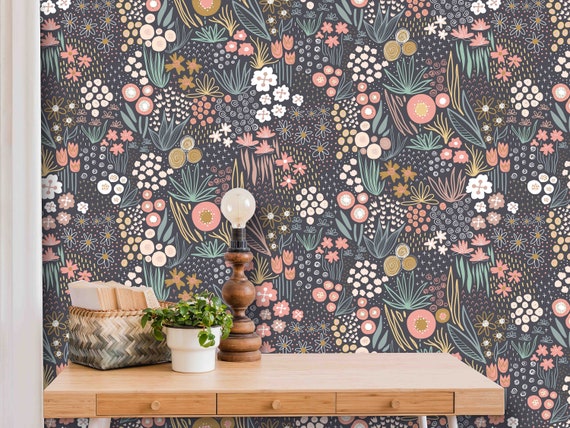 Floral Wall Mural: Scandinavian Dark Flowers (Custom Size, Self Adhesive)
