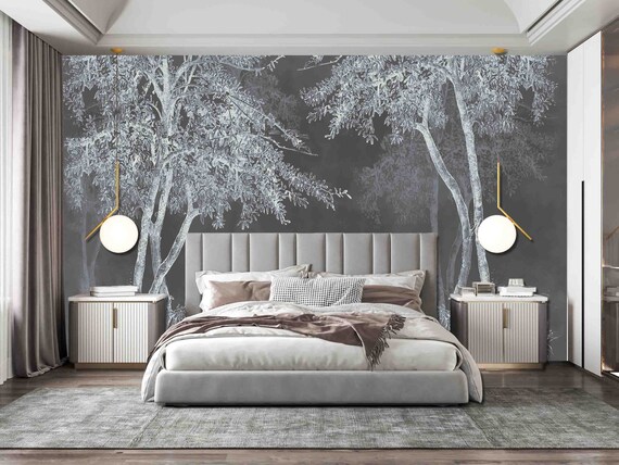 Custom Size Wallpaper - Hand Drawn Trees on Charcoal Wallpaper  - Peel and Stick Wall Decal - Self Adhesive or Pre-Pasted