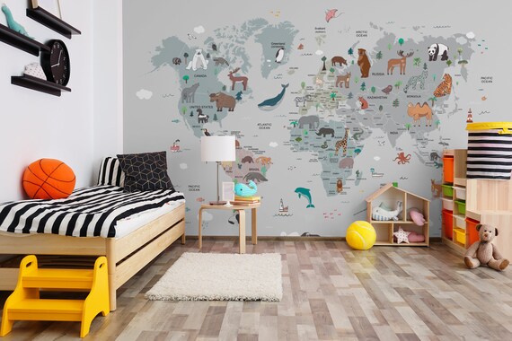 Custom Size Wallpaper - Animals World Map and Countries Wallpaper - Peel and Stick Wall Decal - Self Adhesive or Pre-Pasted