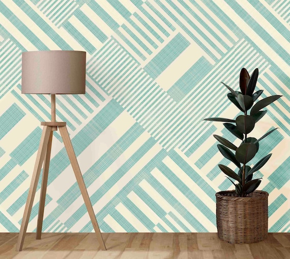 Custom Size Wallpaper - Striped Geometric Pattern on Turquoise and Beige Wallpaper - Peel and Stick Wall Decal - Self Adhesive or Pre-Pasted