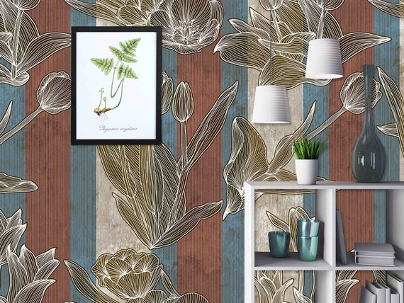 Floral Tulip Wallpaper, Modern Line Art (Custom Size, Peel & Stick)