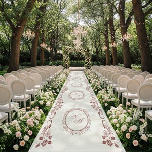 May include: An outdoor wedding ceremony setup with white chairs, a floral aisle runner, and a floral arch. Chandeliers hang from the trees, and the aisle runner features a floral design and initials. The scene is set in a lush, green space.