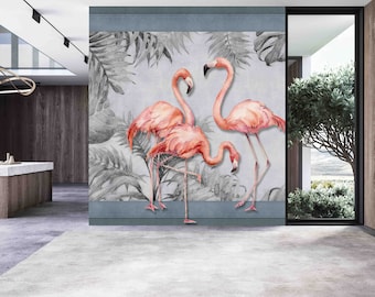 Flamingo Wall Mural: Tropical Plants and Rainforest (Custom Fit)
