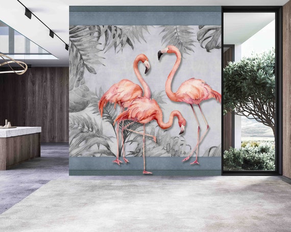 Flamingo Wall Mural: Tropical Plants and Rainforest (Custom Fit)