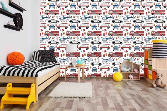 Custom Size Wallpaper - Hand Drawn Emergency Cars Wallpaper - Peel and Stick Wall Decal - Self Adhesive or Pre-Pasted - Removable Wallpaper
