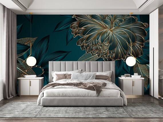 Custom Size Wallpaper-Chrysanthemums Flowers and Leaves Wallpaper-Peel and Stick Wall Decal-Self Adhesive or Pre-Pasted-Removable Wallpaper