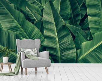 Tropical Palm Leaves Wallpaper, Green Banana Design (Custom Size, Peel & Stick)