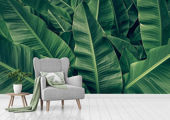 Custom Size Wallpaper - Green Tropical Banana Palm Leaves Wallpaper - Peel and Stick Wall Decal - Self Adhesive or Pre-Pasted