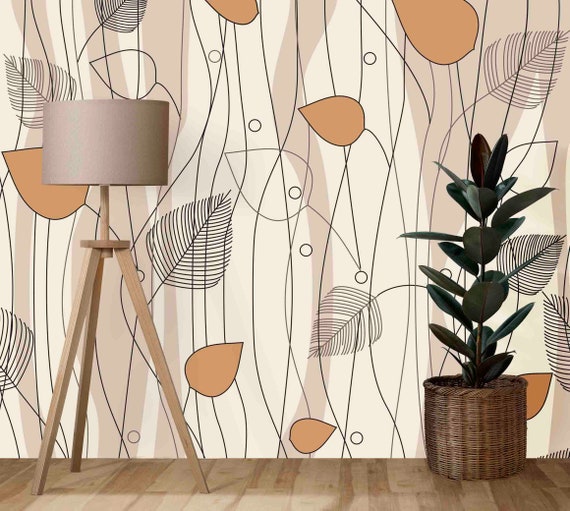 Custom Size Wallpaper - Leaves and Trees Pattern on Ivory Wallpaper - Peel and Stick Wall Decal - Self Adhesive or Pre-Pasted