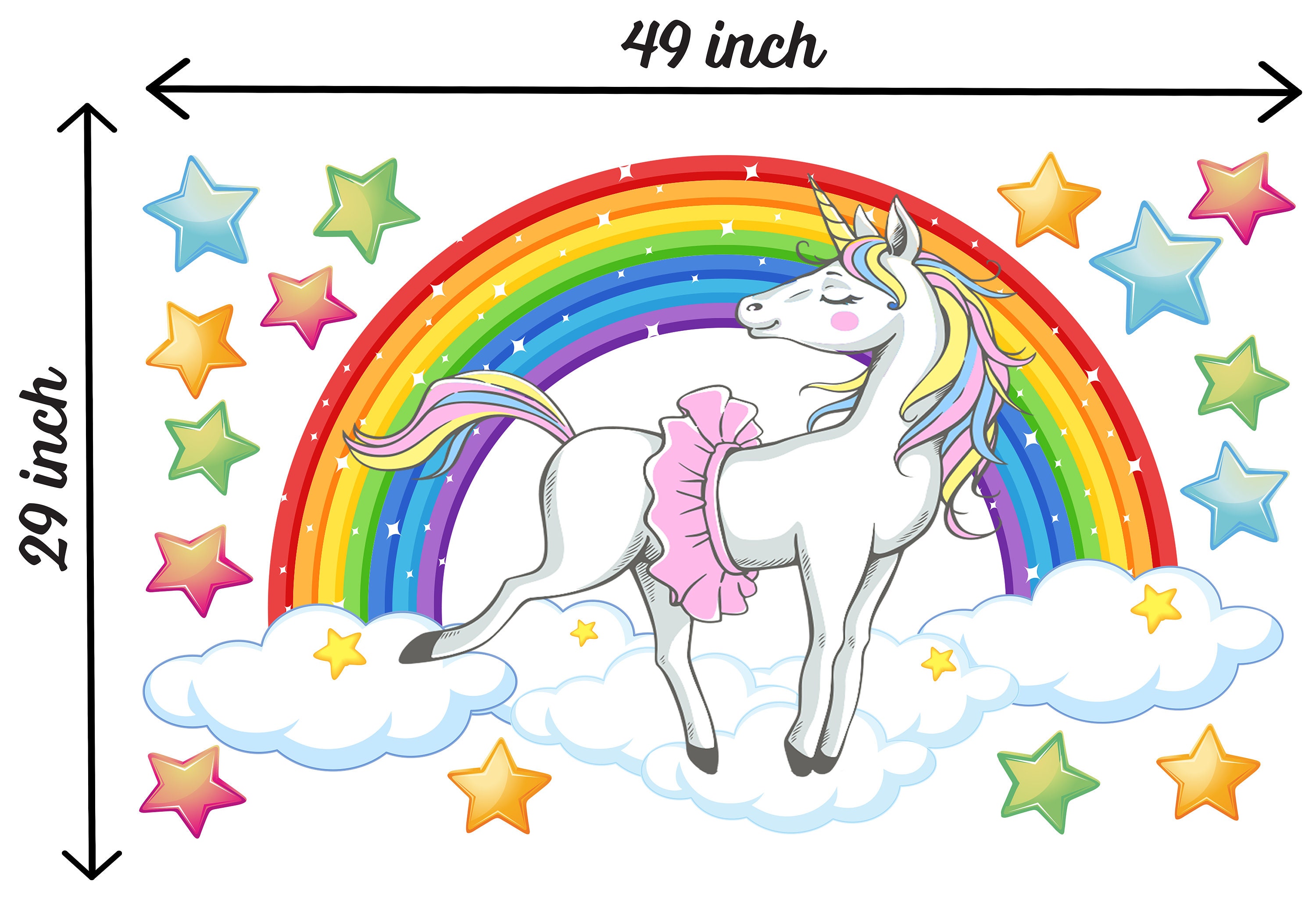 Large Size Unicorn Wall Decal With Rainbow , Cloud and Stars Removable Decals, Stickers for