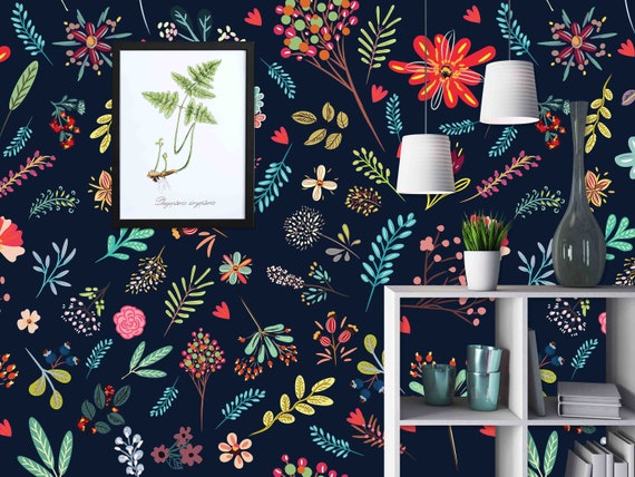 Custom Size Wallpaper - Flowers and Leaves Wallpaper- Peel and Stick Wall Decal - Self Adhesive or Pre-Pasted - Removable Wallpaper