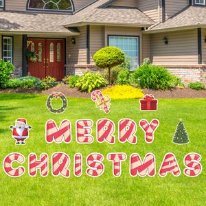 Merry Christmas Yard Signs, 18&quot; Candy Cane Lawn Decorations, Large Yard Greeting Sign Sets, Christmas Card Letters with Metal Stakes