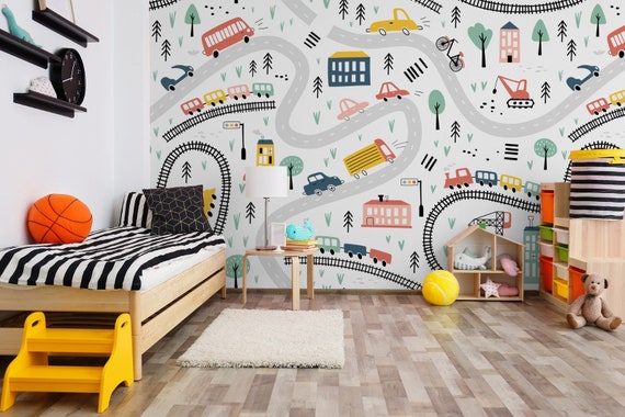 Hand Drawn Cars and Trains Wallpaper - Custom Size Peel & Stick