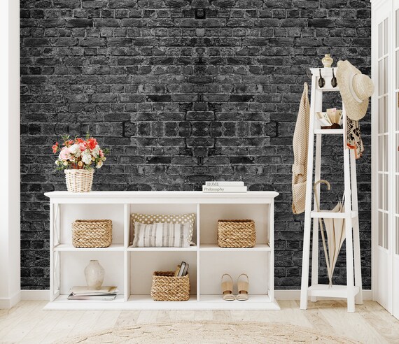 Custom Size Wallpaper - Black Painted Brick Pattern Wallpaper - Peel and Stick Wall Decal - Self Adhesive or Pre-Pasted