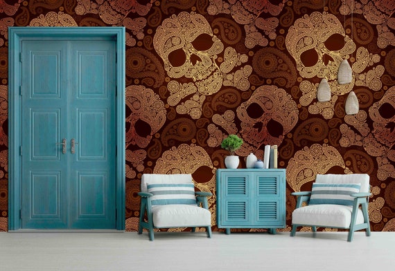 Custom Size Wallpaper - Gold Skull and Paisley Pattern Wallpaper - Peel and Stick Wall Decal - Self Adhesive or Pre-Pasted