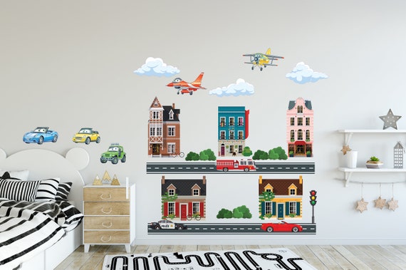 Cars And Airplanes In The City - Wall Decal - Removable Vinyl Sticker - Decor for Boys’ And Kids’ Bedroom - Decals for Baby and Nursery Room