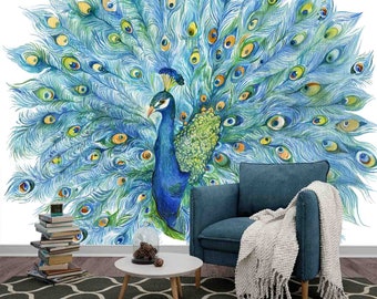 Peacock Feather Wall Mural: Watercolor Leaves Design (Custom Size, Removable)