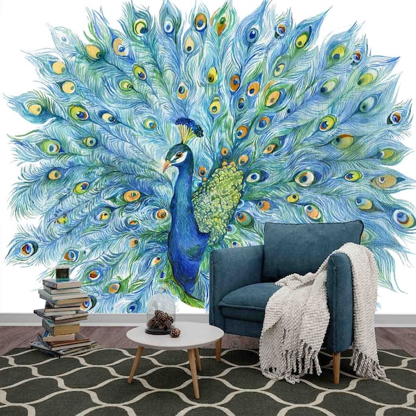 Custom Size Wallpaper - Watercolor Peacock Feather And Leaves Wallpaper - Peel and Stick Wall Decal - Self Adhesive or Pre-Pasted