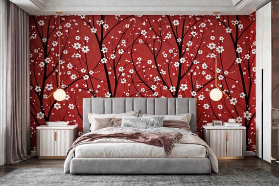 Custom Size Wallpaper - Cherry Blossom Pattern Wallpaper - Peel and Stick Wall Decal - Self Adhesive or Pre-Pasted - Removable Wallpaper