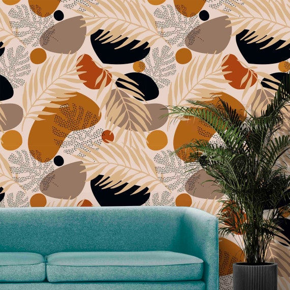 Custom Size Wallpaper - Nordic Style Natural Shapes Tropical Leaves Wallpaper - Peel and Stick Wall Decal - Self Adhesive or Pre-Pasted