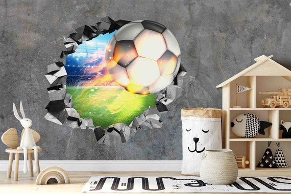 Custom Size Wallpaper - 3D Wall Flying Fire Soccer Ball Wallpaper - Peel and Stick Wall Decal - Self Adhesive or Pre-Pasted