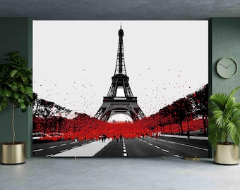 Eiffel Tower Wallpaper Mural: Custom Size, Red People Design