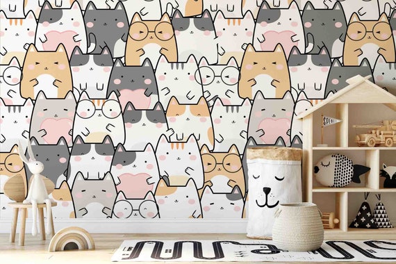 Custom Size Wallpaper - Cat Pattern Children's Room Wallpaper  - Peel and Stick Wall Decal - Self Adhesive or Pre-Pasted