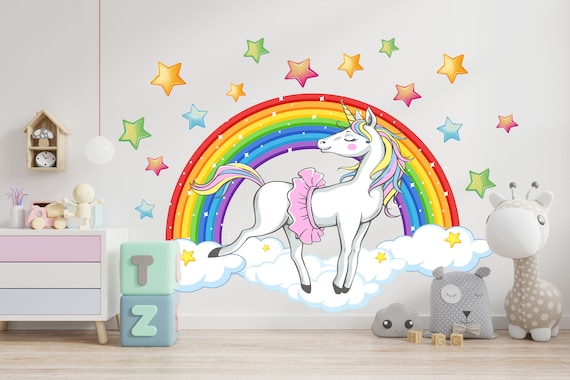Large Size Unicorn Wall Decal with Rainbow , Cloud and Stars – Removable Decals, Stickers For Girls' And Kids' Bedroom Baby and Nursery Room