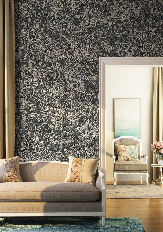 Line Plant Wallpaper, Minimalist Floral Design (Custom Size Peel & Stick)