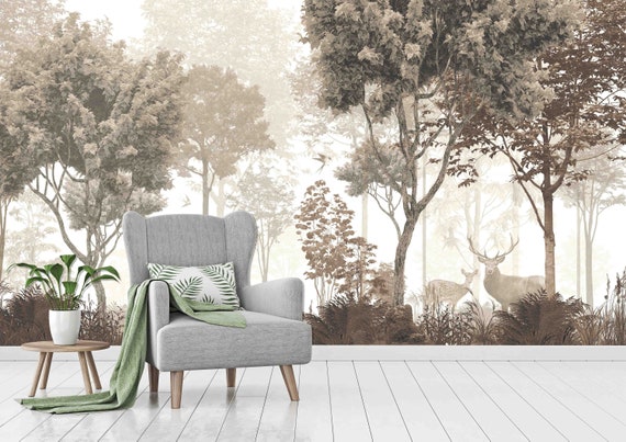 Custom Size Wallpaper - Vintage Forest and Deer Wallpaper - Peel and Stick Wall Decal - Self Adhesive or Pre-Pasted - Removable Wallpaper