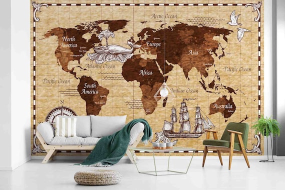 Custom Size Wallpaper - Hand Drawn Retro World Map Wallpaper - Peel and Stick Wall Decal - Self Adhesive or Pre-Pasted
