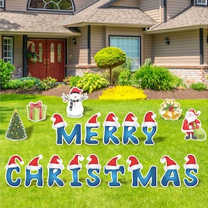 Merry Christmas Yard Signs, 18&quot; Blue Santa Hat Lawn Decorations, Large Yard Greeting Sign Sets, Christmas Card Letters with Metal Stakes