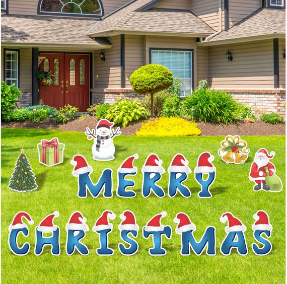 Merry Christmas Yard Signs, 18" Blue Santa Hat Lawn Decorations, Large Yard Greeting Sign Sets, Christmas Card Letters with Metal Stakes